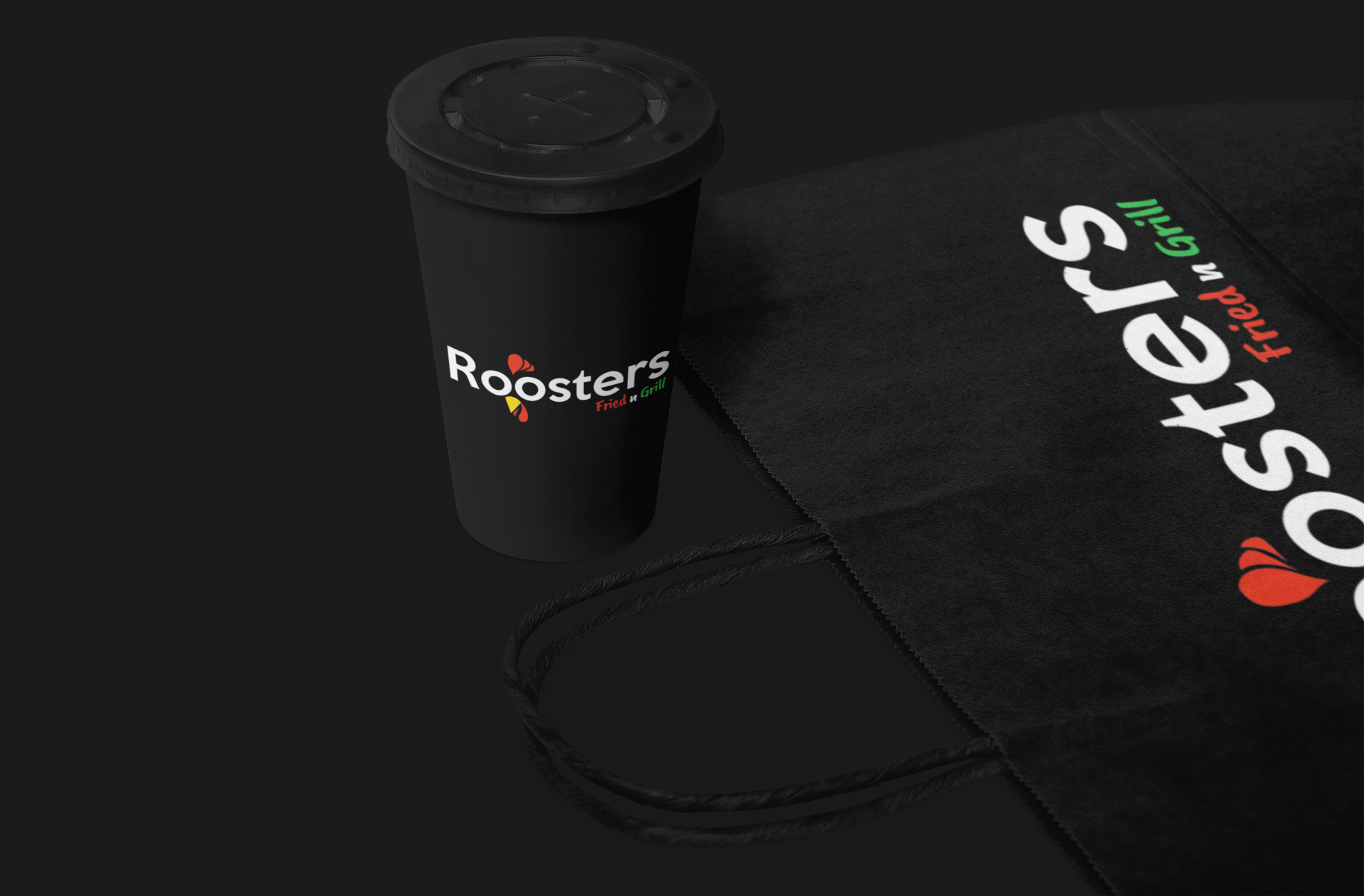 Roosters Fried n Grill drink cup and bag food packaging