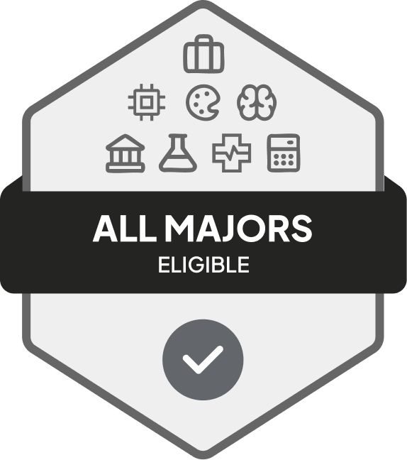 Badge with blue banner: 