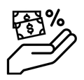 A hand is holding a stack of money and a percentage sign.