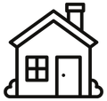 A black and white drawing of a house with a chimney.