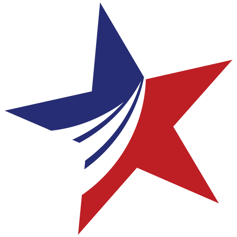 Red and blue star with curved lines, representing advancement.
