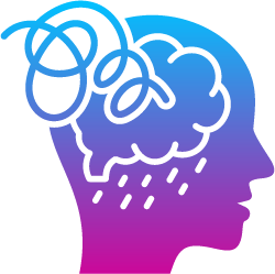 A gradient-colored human profile silhouette with a scribbled cloud and rain symbols inside the head, representing distress.