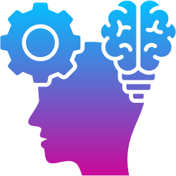 ADHD - A human head silhouette with a gear icon on the left and a brain-shaped lightbulb on the right in a blue-to-purple gradient.
