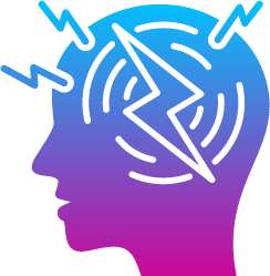 Anxiety - A blue-to-purple gradient silhouette of a head with a white lightning bolt and circular rings, symbolizing a headache.