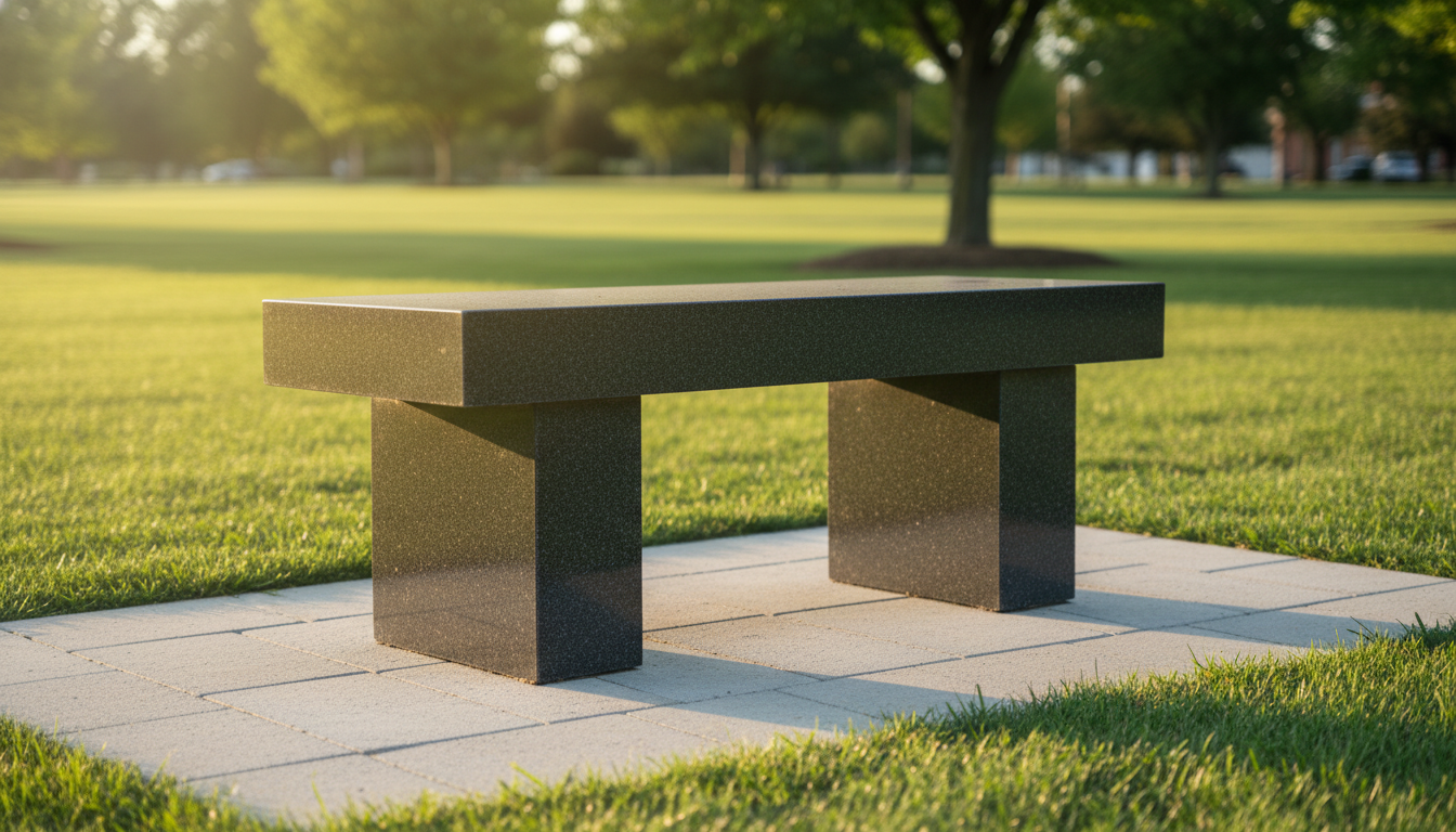 Stone bench in a park setting, on a concrete slab, with green grass and trees in the background.