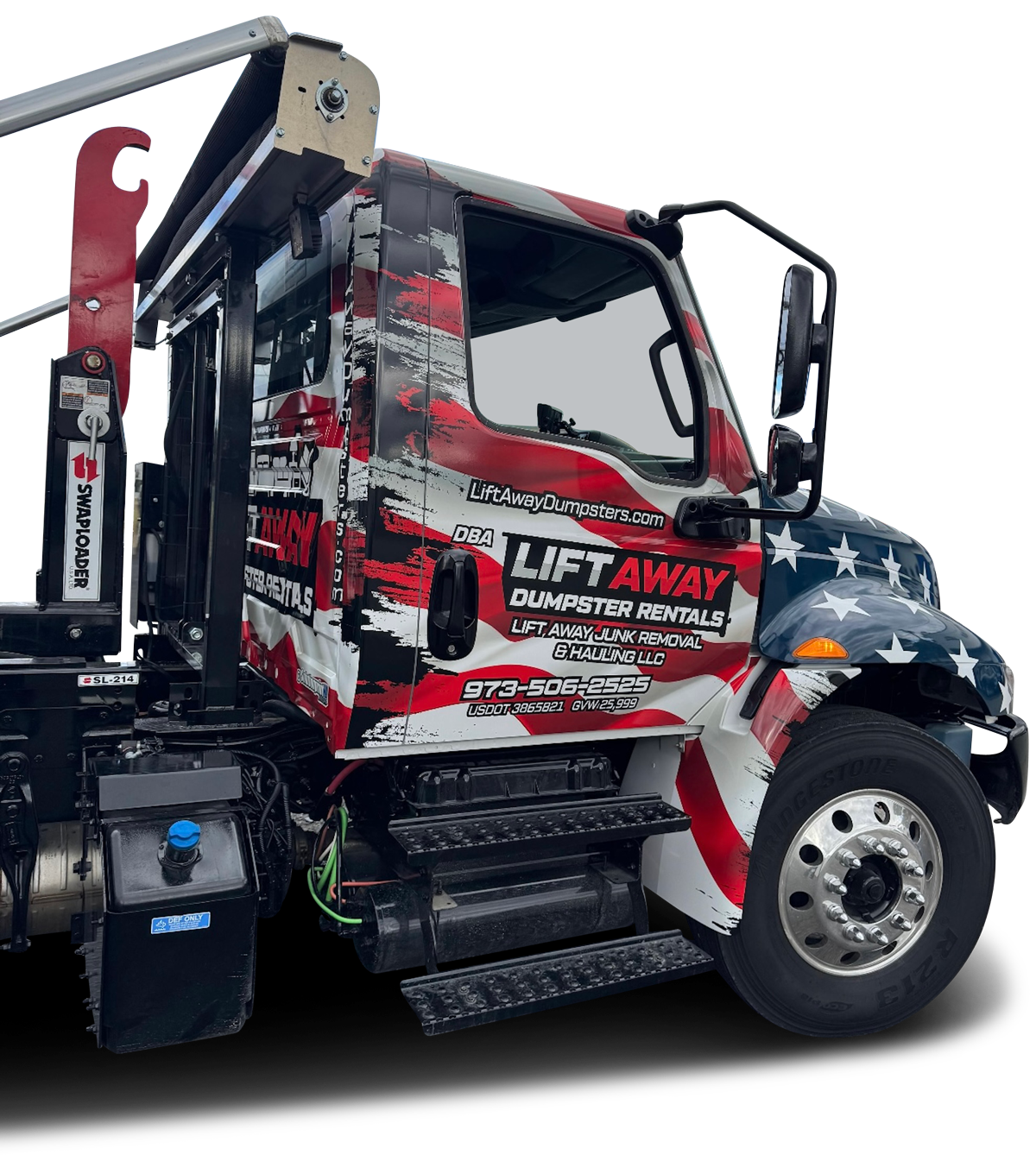 Dumpster truck with American flag design