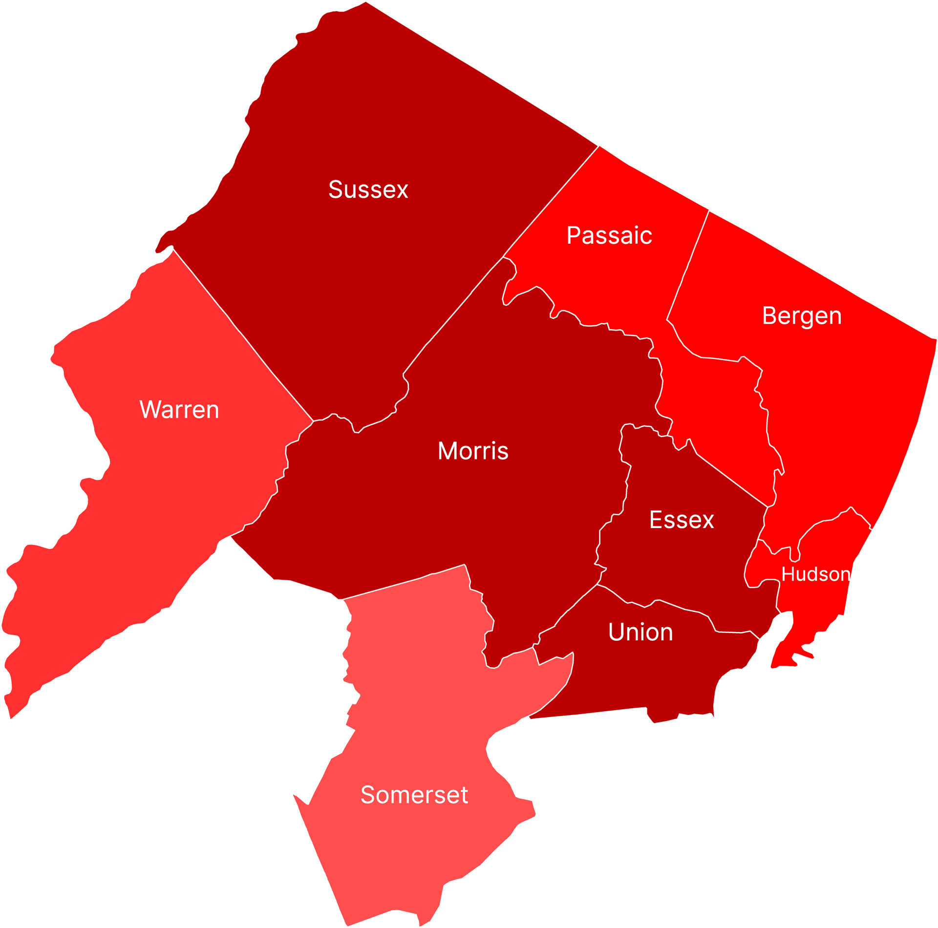 Map of New Jersey counties, colored red, with Somerset black.