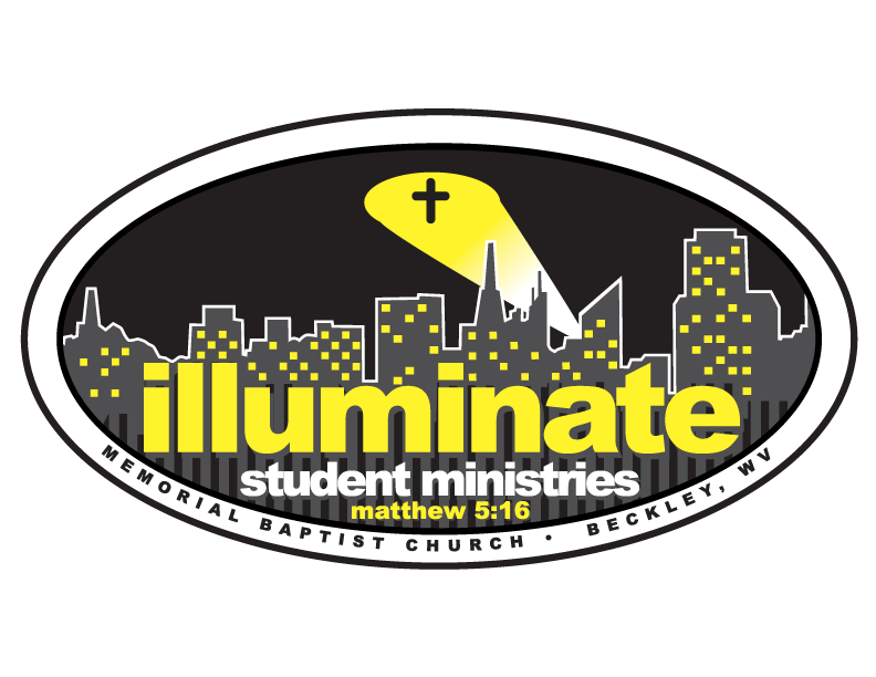 A logo for illuminate student ministries with a city skyline in the background