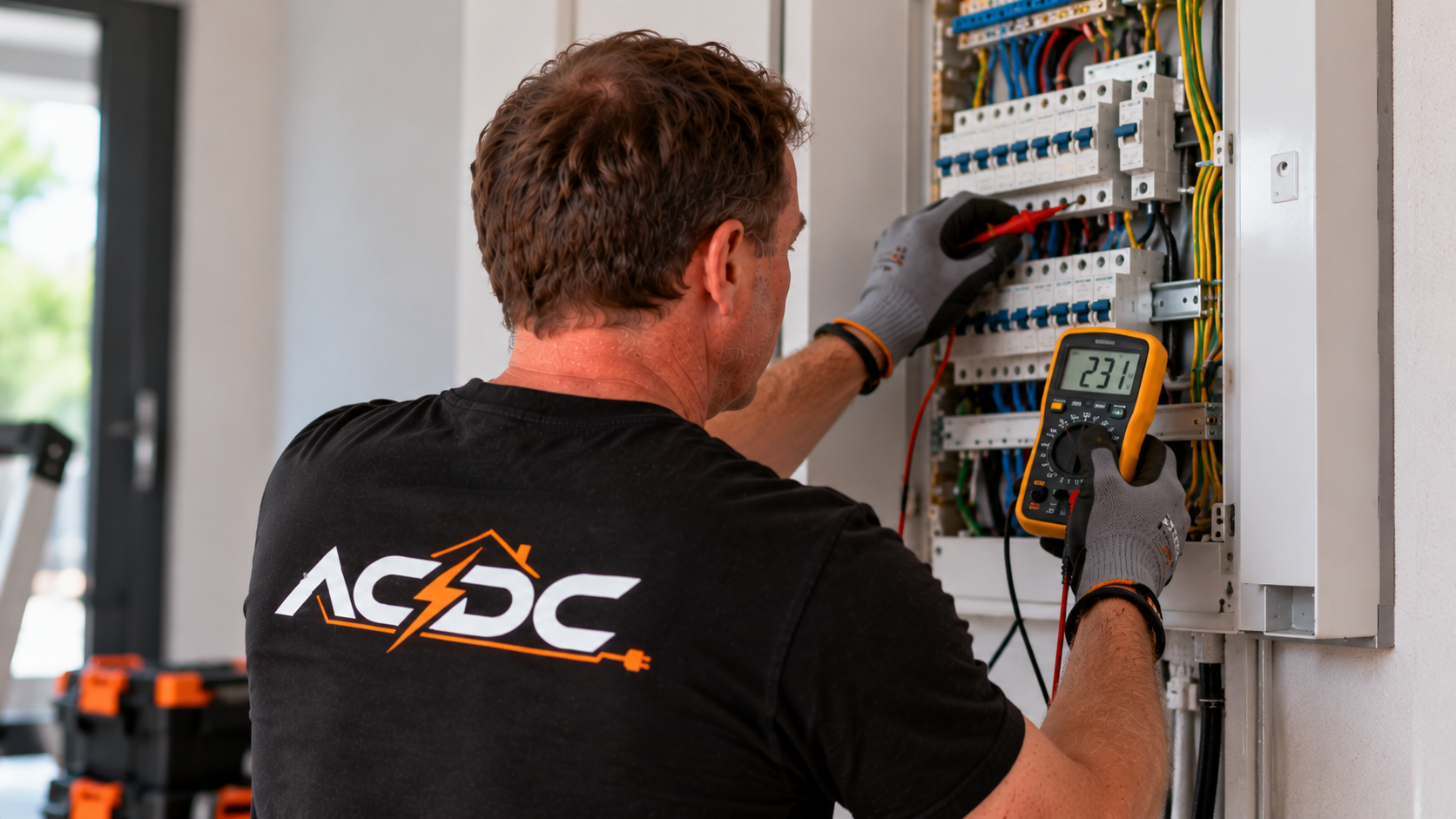 Électricien travaillant sur un tableau électrique résidentiel lors d'une rénovation