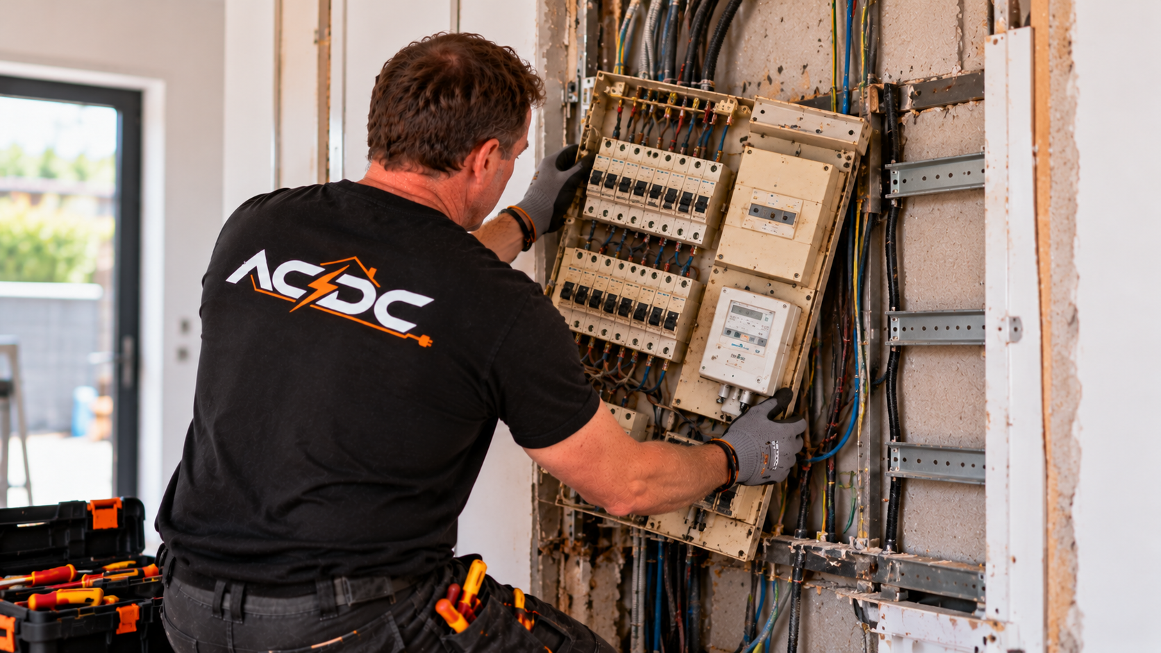 Électricien en tenue noire travaillant sur l'installation électrique d'une maison en rénovation
