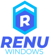 Logo for RENU WINDOWS featuring a blue hexagon with a white letter R inside, positioned above the brand name.