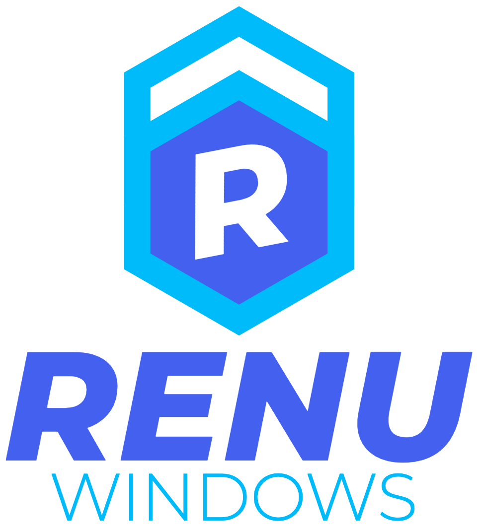 Logo for RENU WINDOWS featuring a blue hexagon with a white letter R inside, positioned above the brand name.