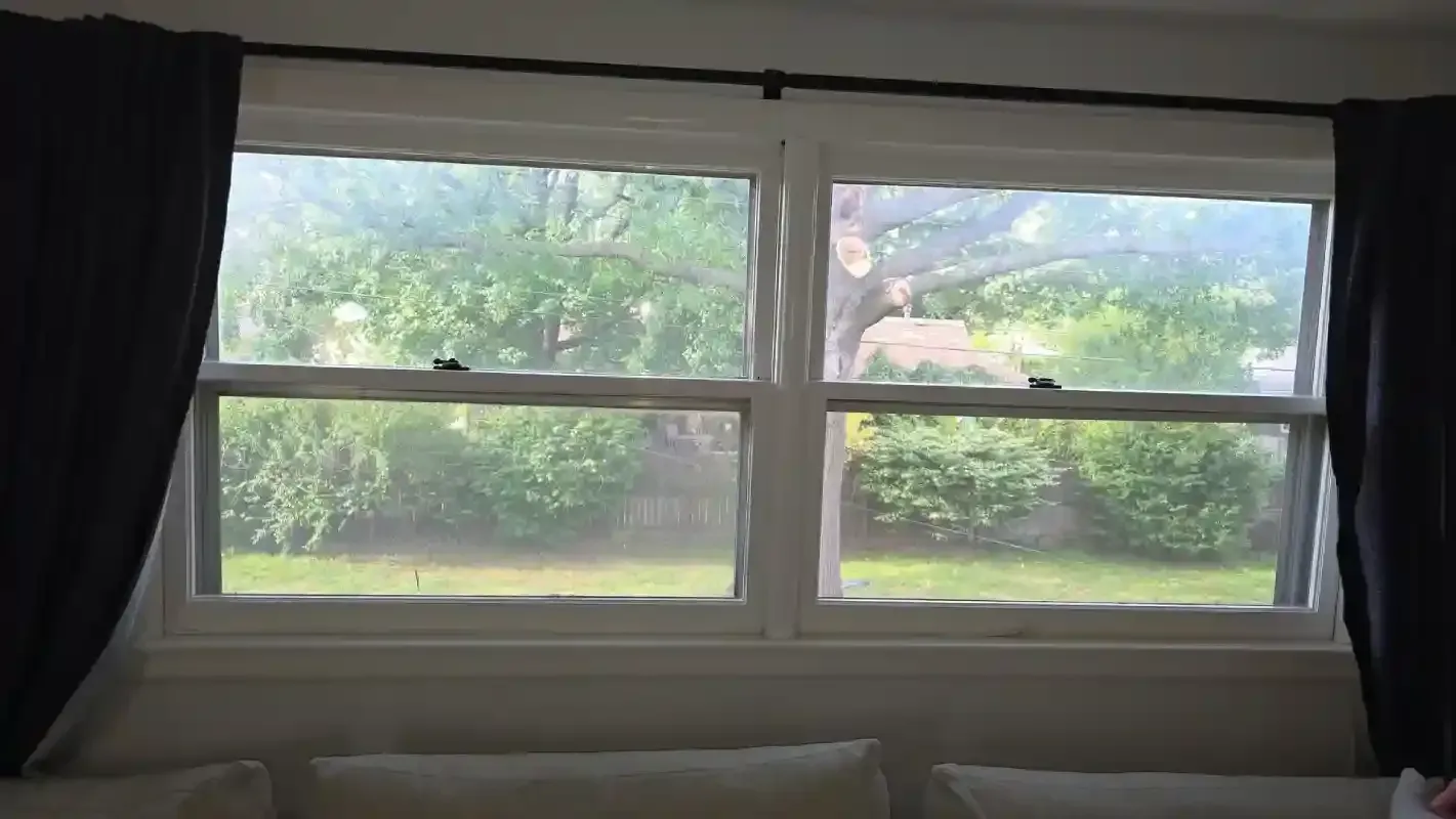 A white, double-hung window with dark curtains on both sides, looking out onto a green, tree-filled yard.