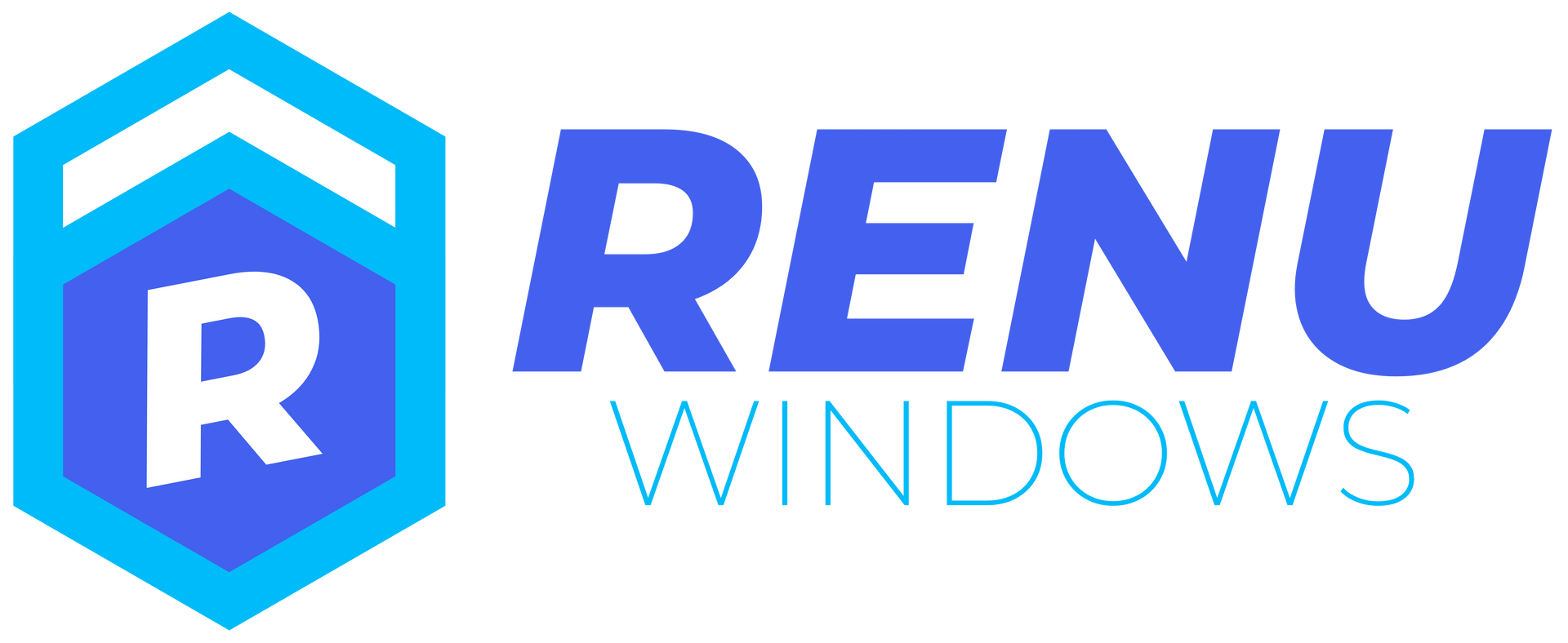 Logo for Renu Windows, featuring a blue hexagon icon with a white "R" and the brand name in blue text.