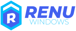 Logo for Renu Windows, featuring a blue hexagon icon with a white "R" and the brand name in blue text.