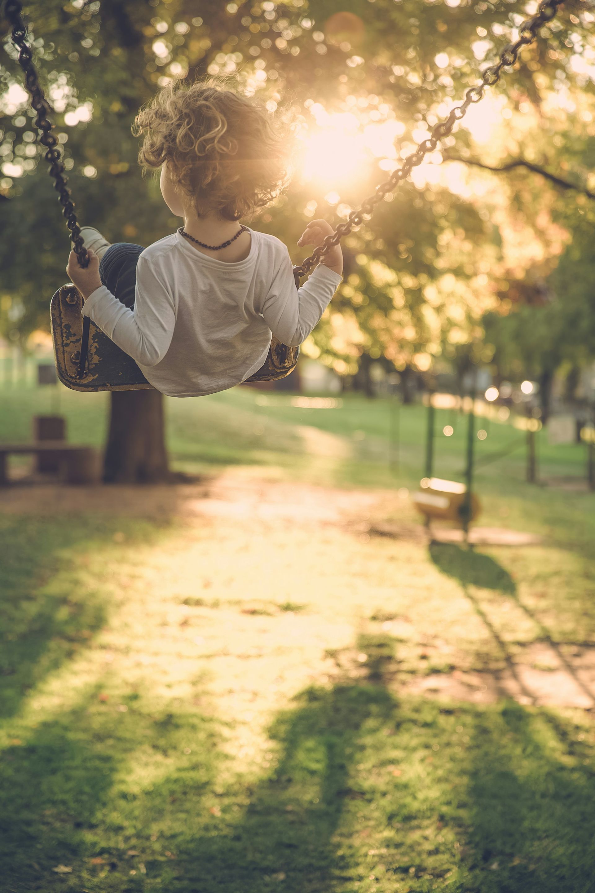 A person with curly hair sits on a swing in a park during golden hour, facing away from the camera toward the sun.