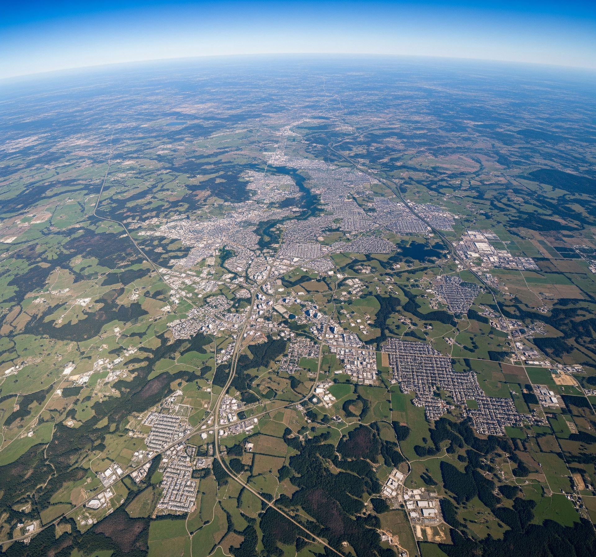 An aerial view of a residential area with a highway and a baseball field.