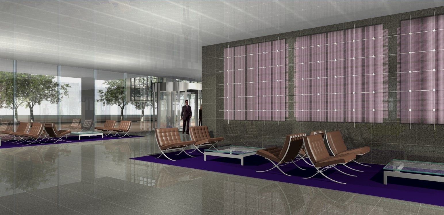 Modern lounge with purple carpet, chaise chairs, and a person standing by floor-to-ceiling windows