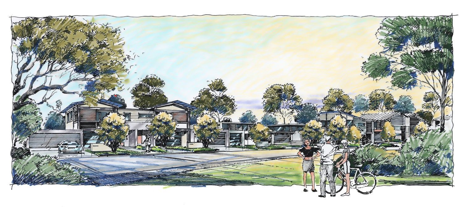 Sketch of a quiet suburban street with houses, trees, and a cyclist in the foreground