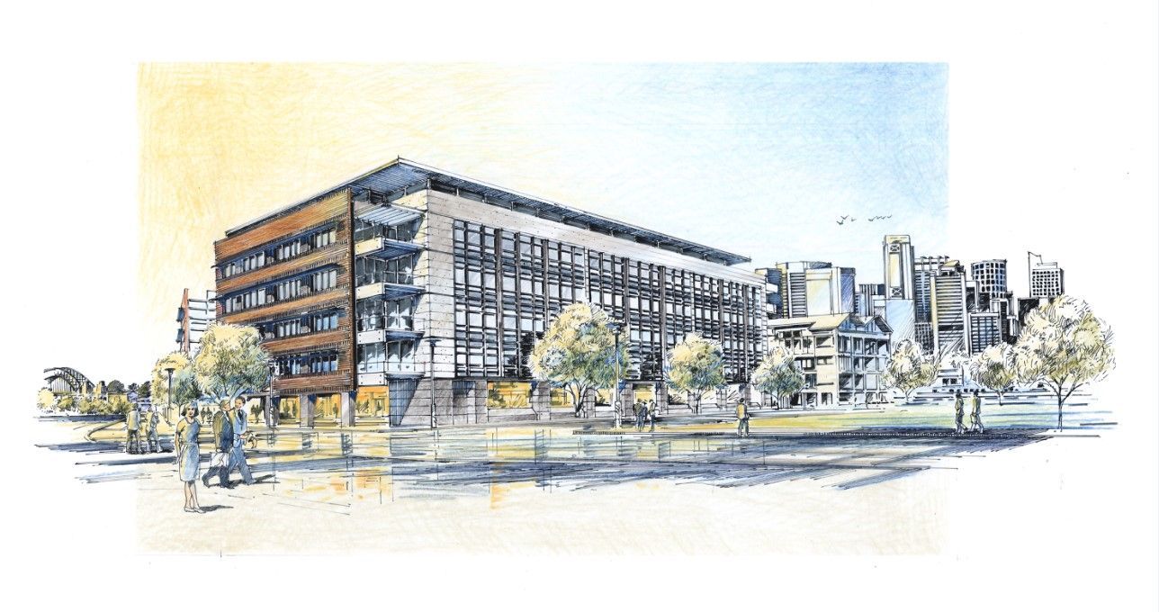 Sketch of a modern multi-story office building with trees and city buildings in the background Sketch of a modern multi-story office building with trees and city buildings in the background