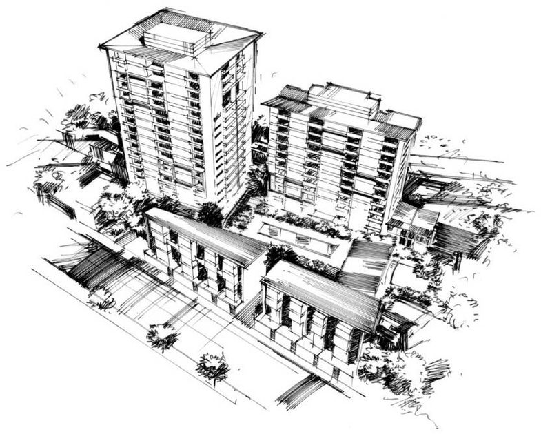Black-and-white architectural sketch of a multi-story apartment complex with a lower building and street view Black-and-white architectural sketch of a multi-story apartment complex with a lower building and street view
