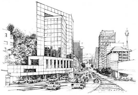 Black-and-white sketch of a city street with tall buildings, cars, and a tram-like vehicle in traffic. Black-and-white sketch of a city street with tall buildings, cars, and a tram-like vehicle in traffic.