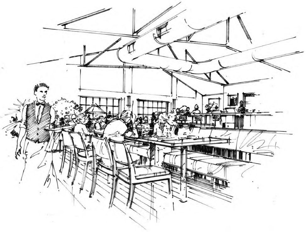 People seated at a modern café or restaurant with high ceilings and exposed beams, sketched in black and white.