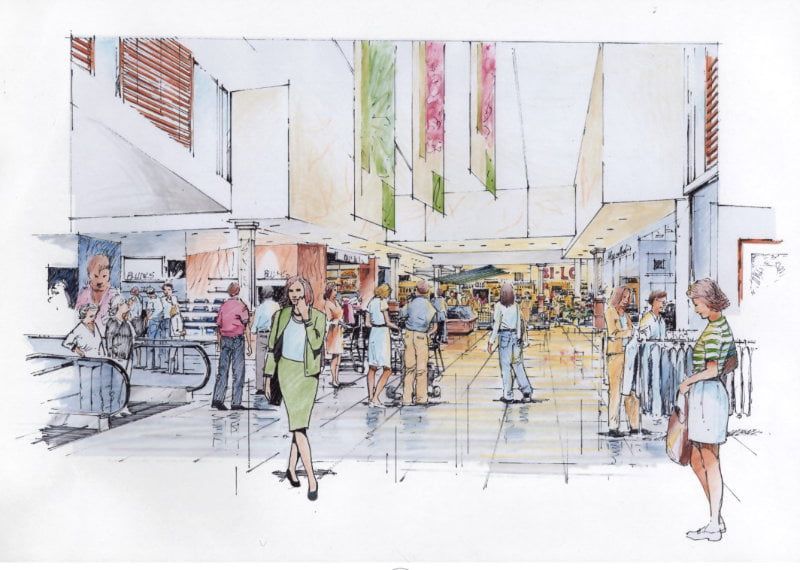 Bright sketch of a busy indoor shopping atrium with people walking and browsing shops Bright sketch of a busy indoor shopping atrium with people walking and browsing shops