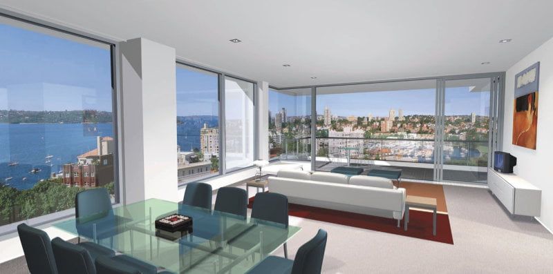 Modern apartment interior with floor-to-ceiling windows, city and water views, glass dining table, and white sofa Modern apartment interior with floor-to-ceiling windows, city and water views, glass dining table, and white sofa