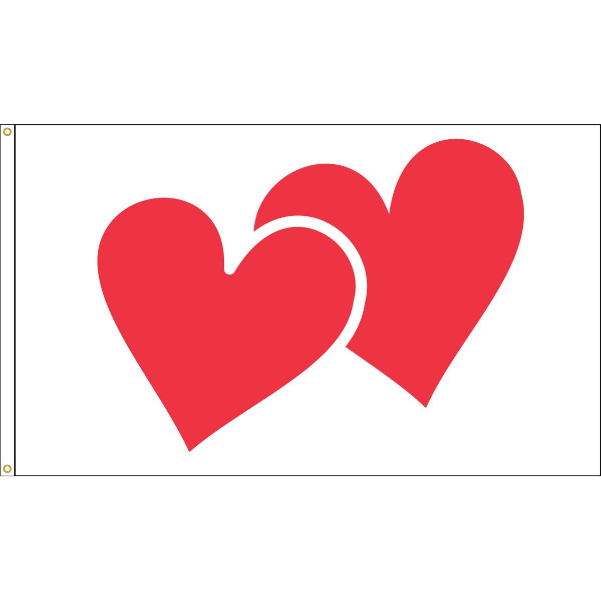 Two red hearts are intertwined on a white background