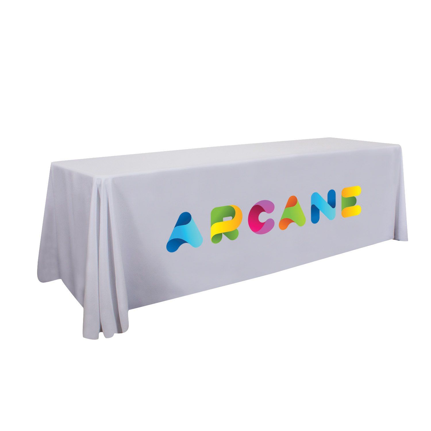 A white table cloth with the word arcane on it.