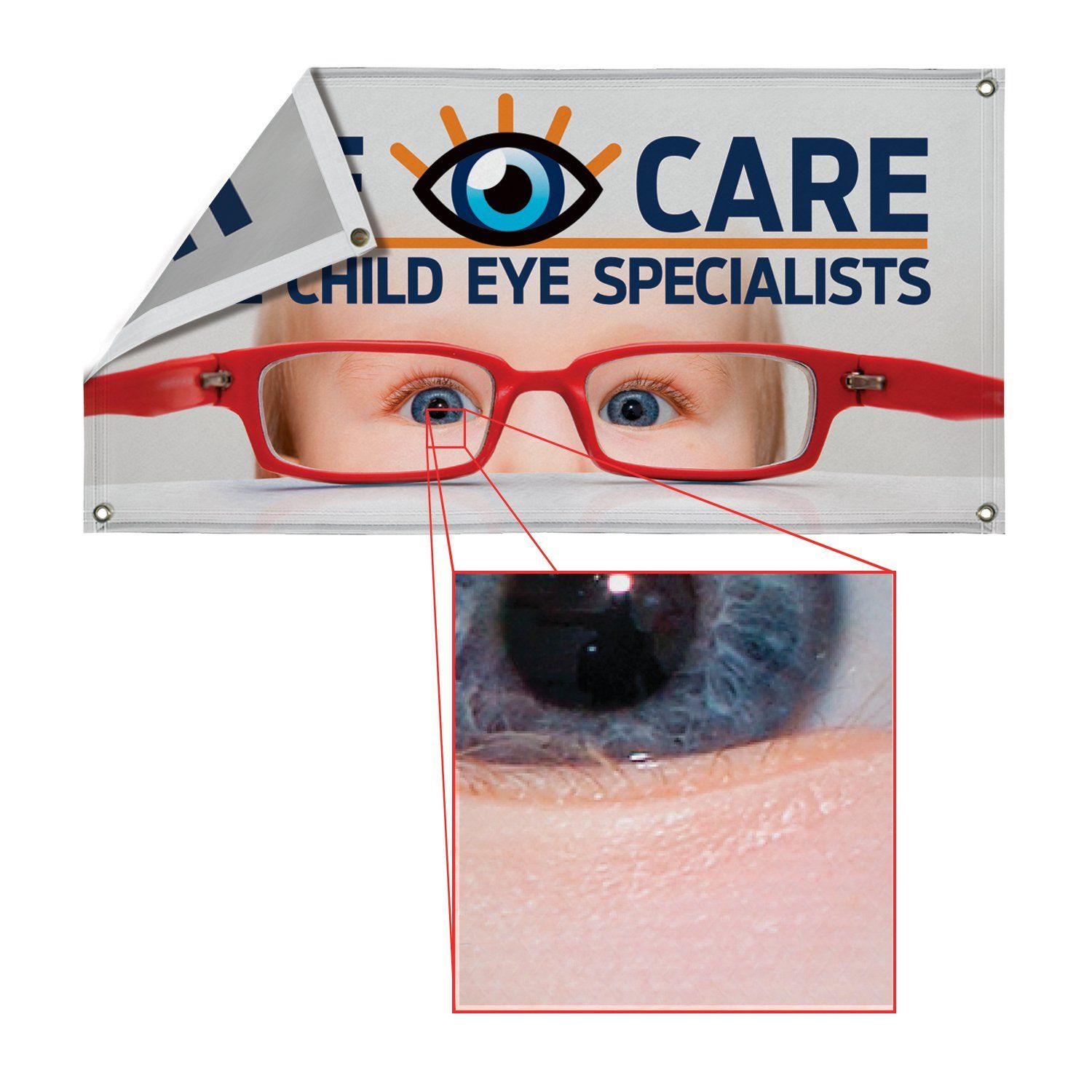 A banner for child eye specialists shows a close up of a child 's eye