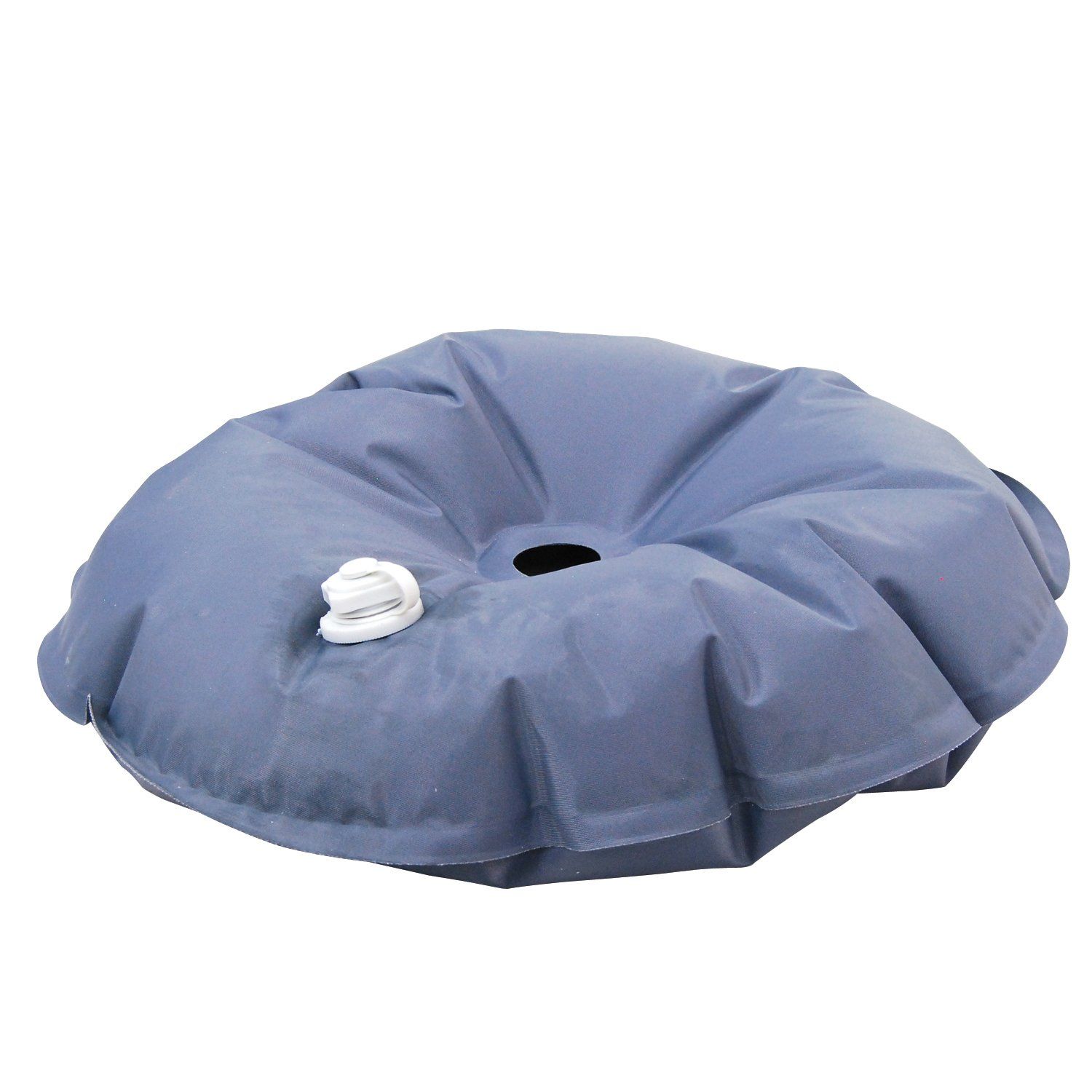A blue pillow with a hole in the middle