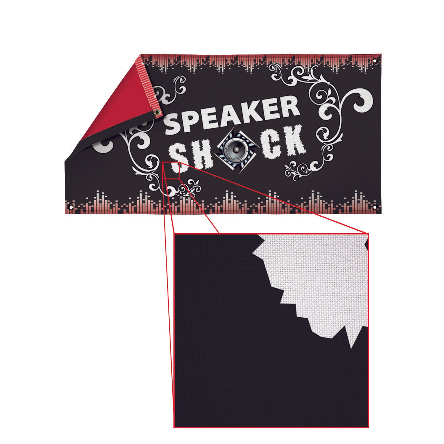 Speaker shock is written on a black and red sign
