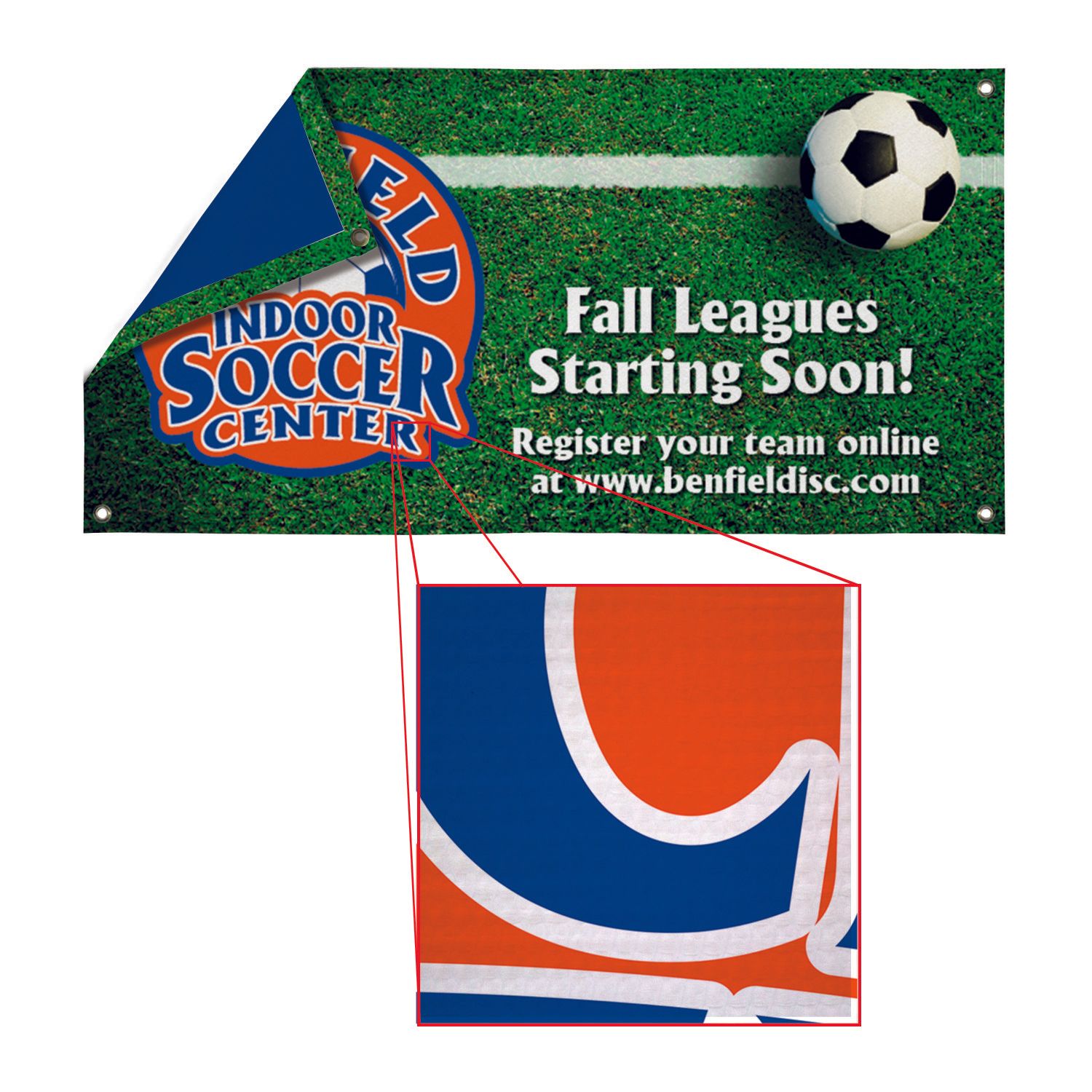 An indoor soccer center sign that says fall leagues starting soon
