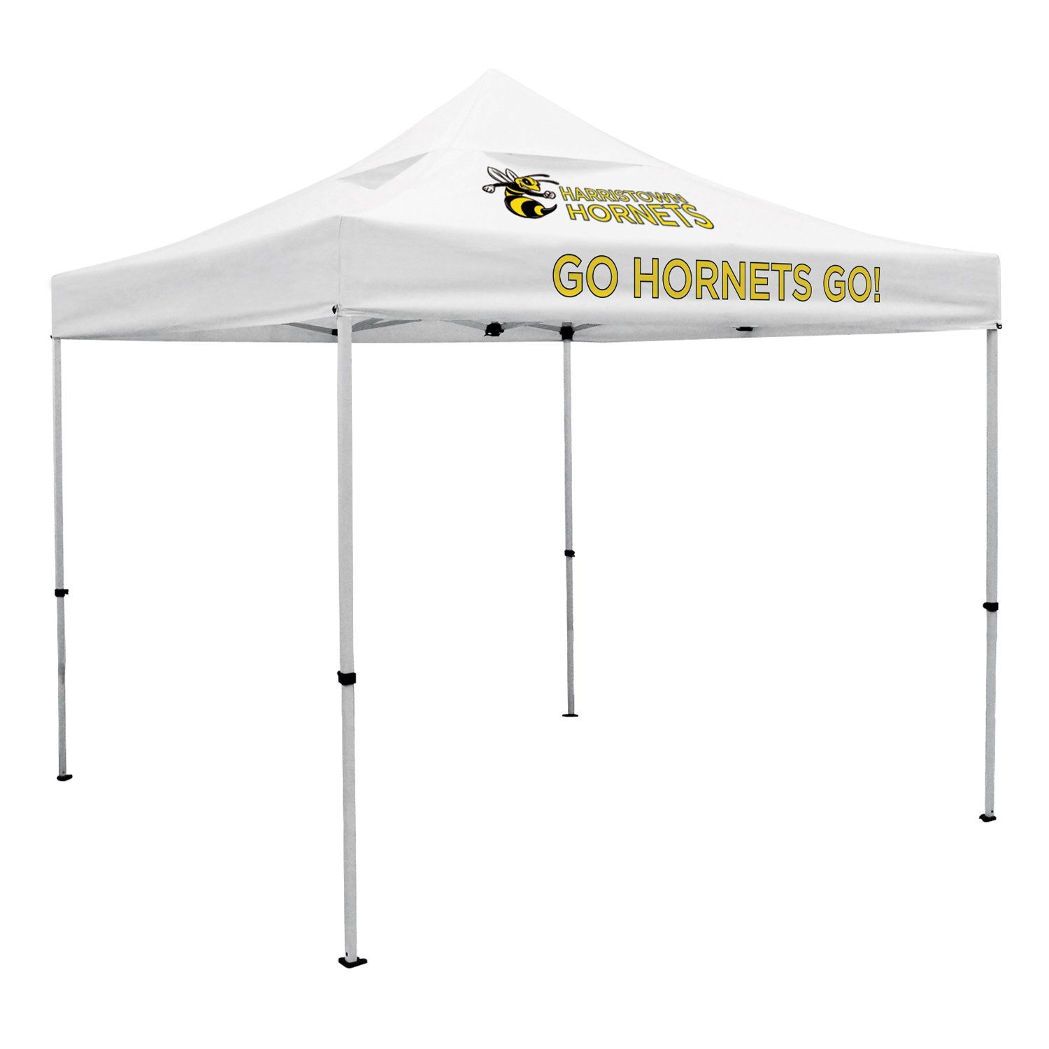 A white canopy with the words go hornets go on it