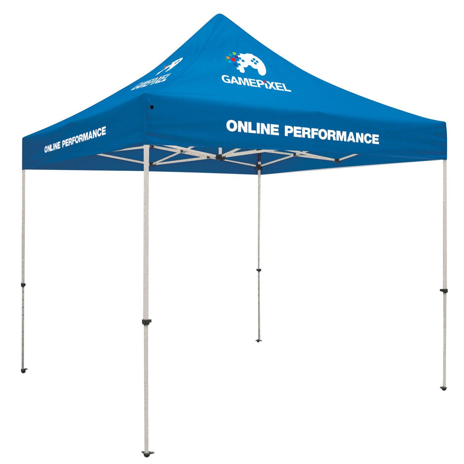 A blue canopy with the words online performance on it
