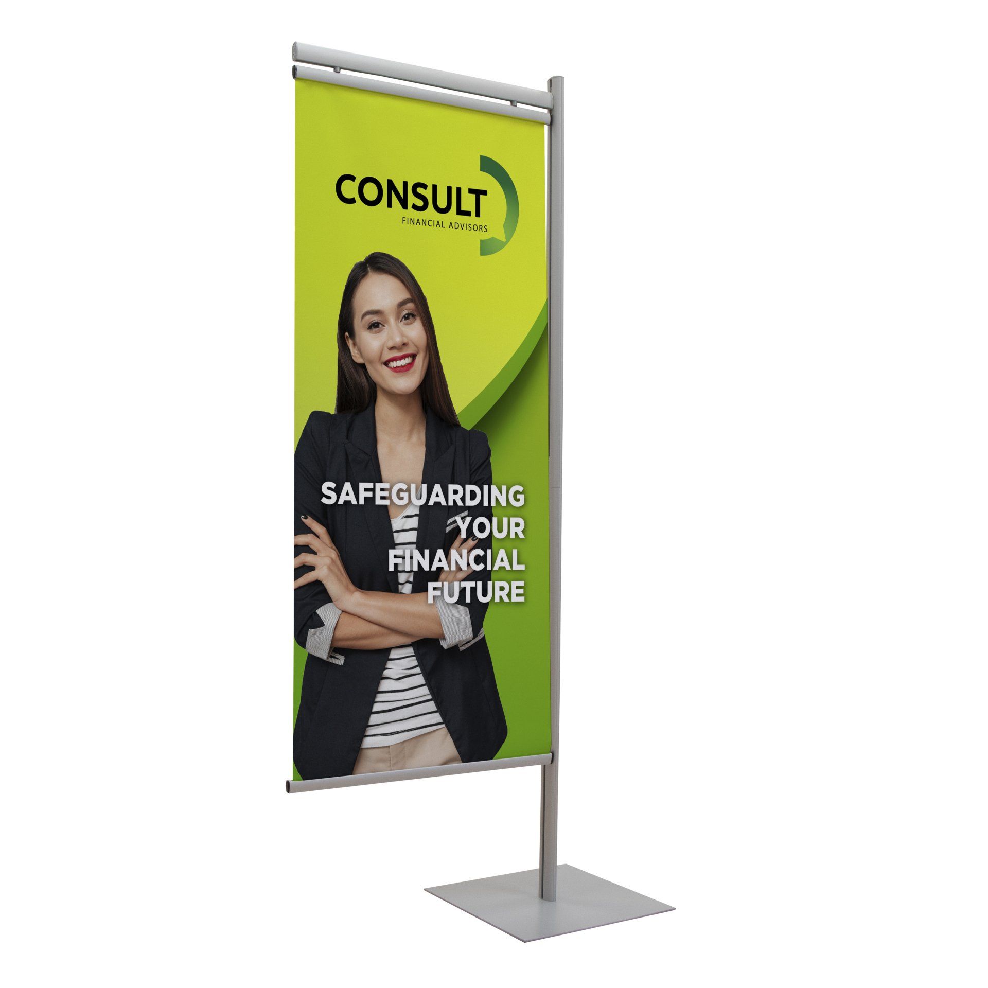 A banner with a woman on it that says `` consult safeguarding your financial future ''.