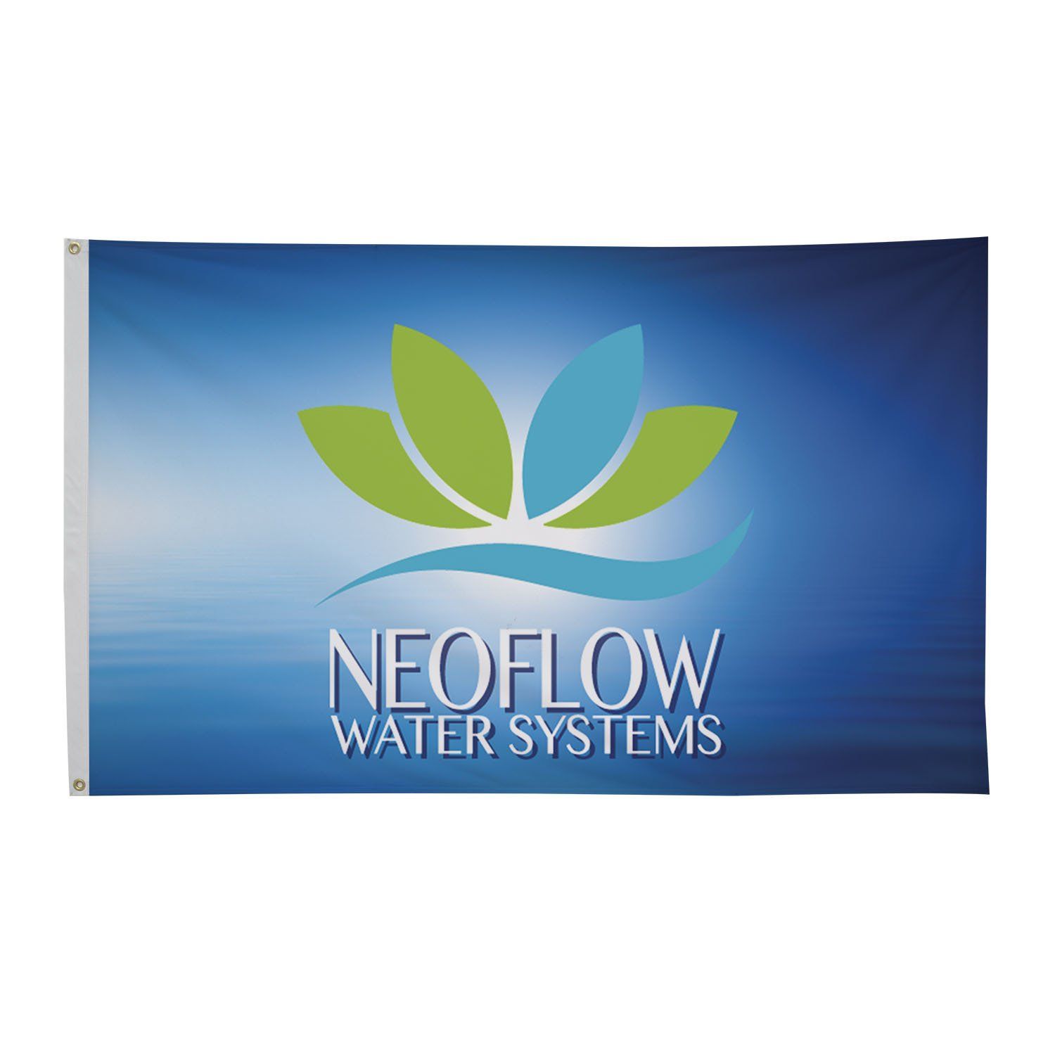 A neoflow water systems flag with a lotus flower on it