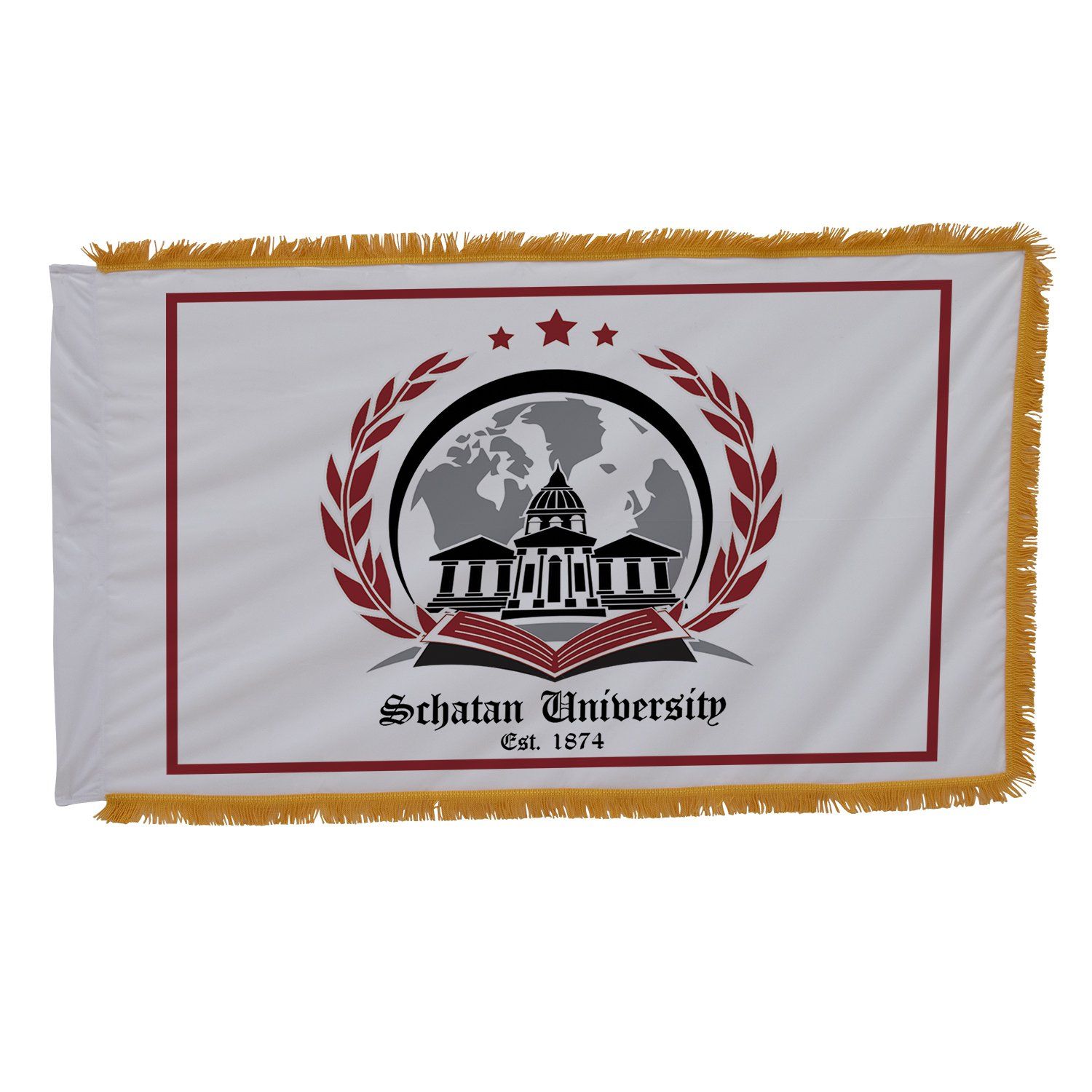 A flag that says schatan university on it