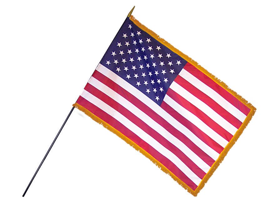 A small american flag on a stick on a white background