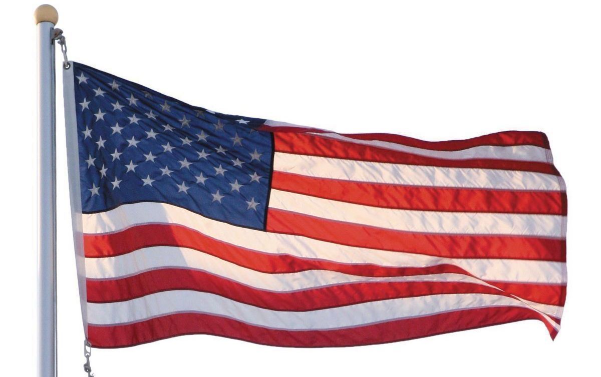Commercial Grade Flagpole Display An american flag is waving in the wind on a white background