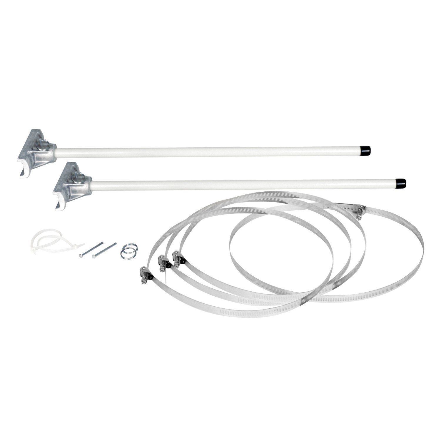 A pair of poles with a bunch of straps attached to them on a white background.