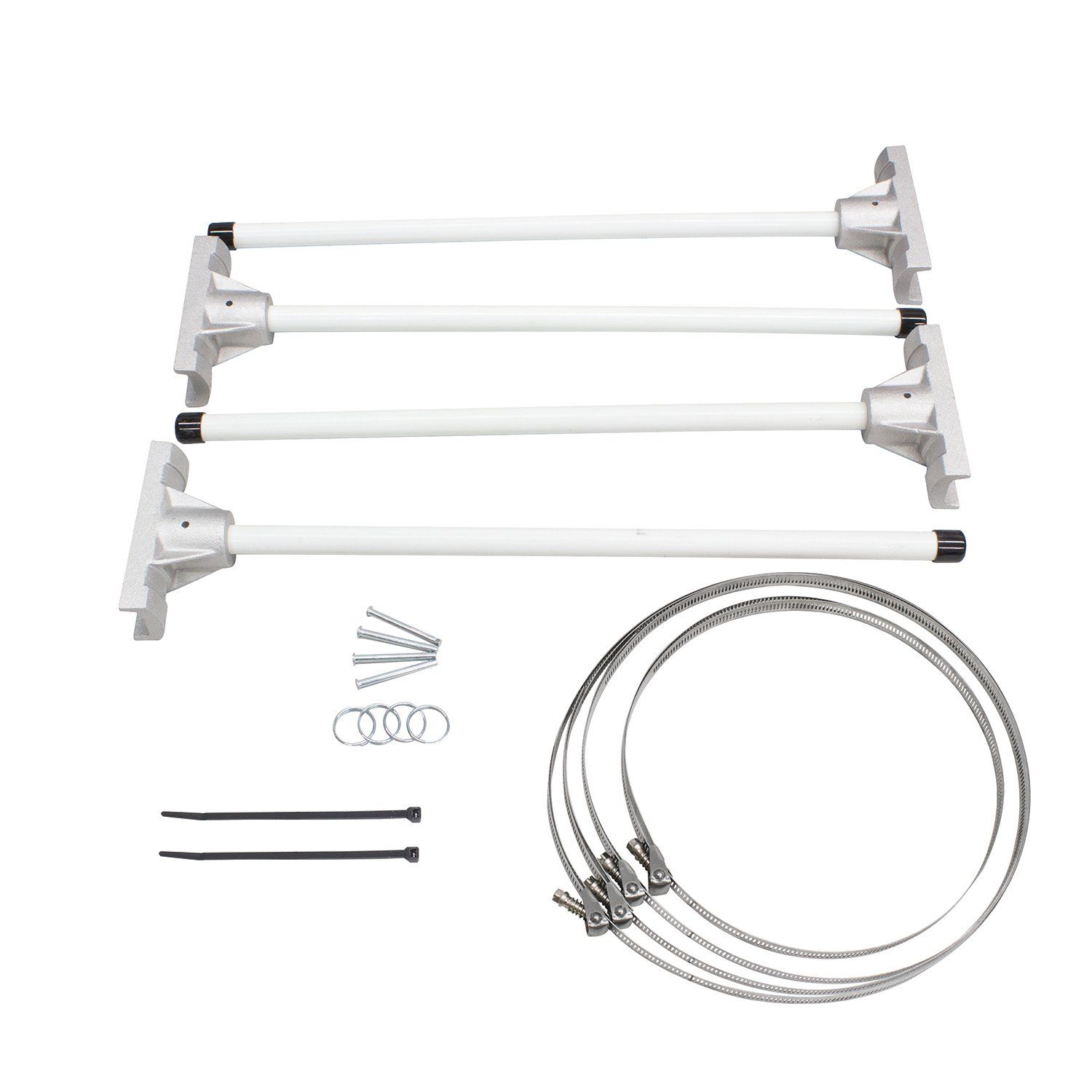 A white towel rack with a bunch of accessories attached to it.