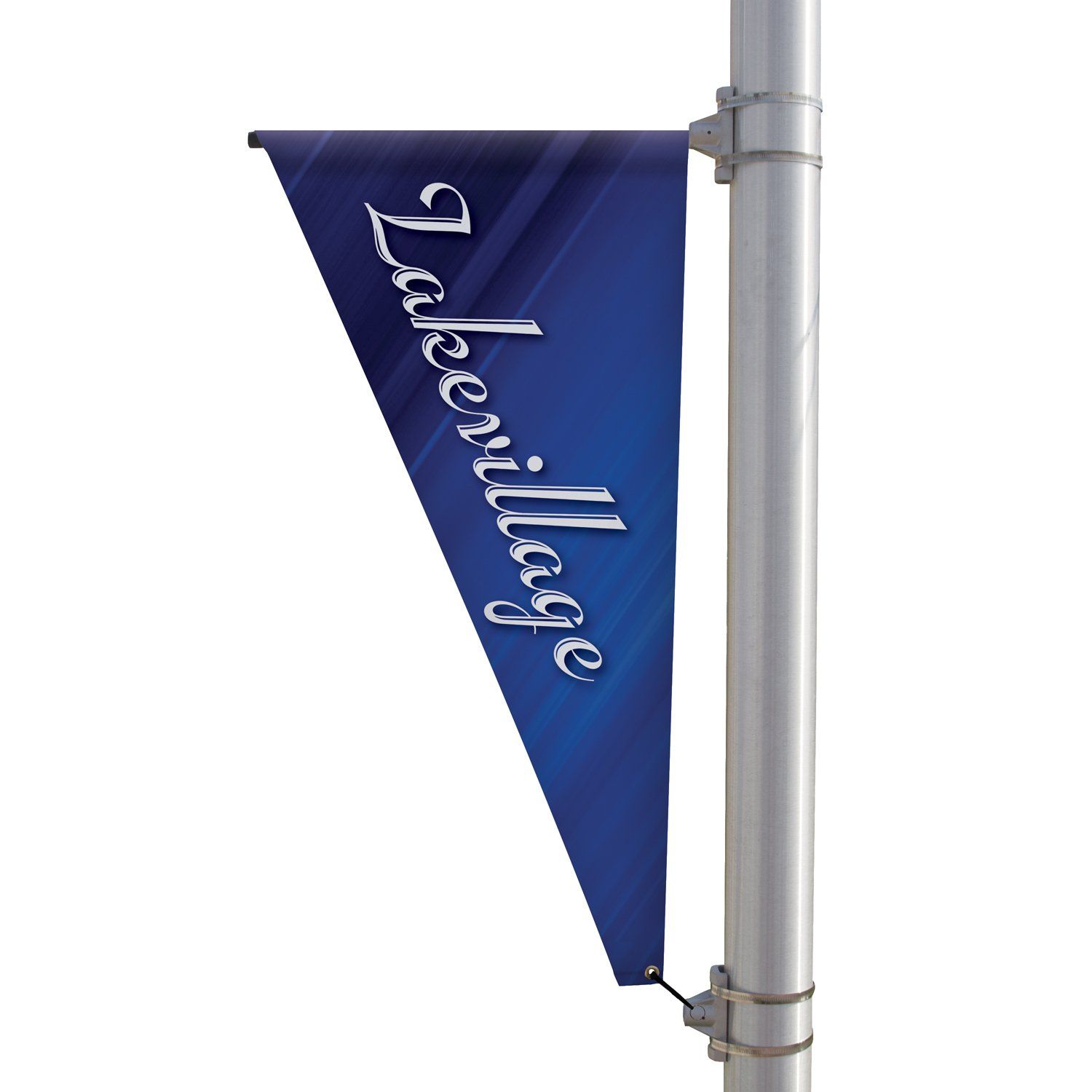 A blue banner on a pole that says lake village