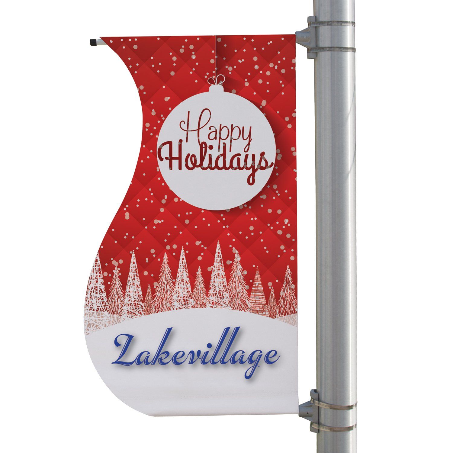 A sign that says happy holidays is attached to a pole