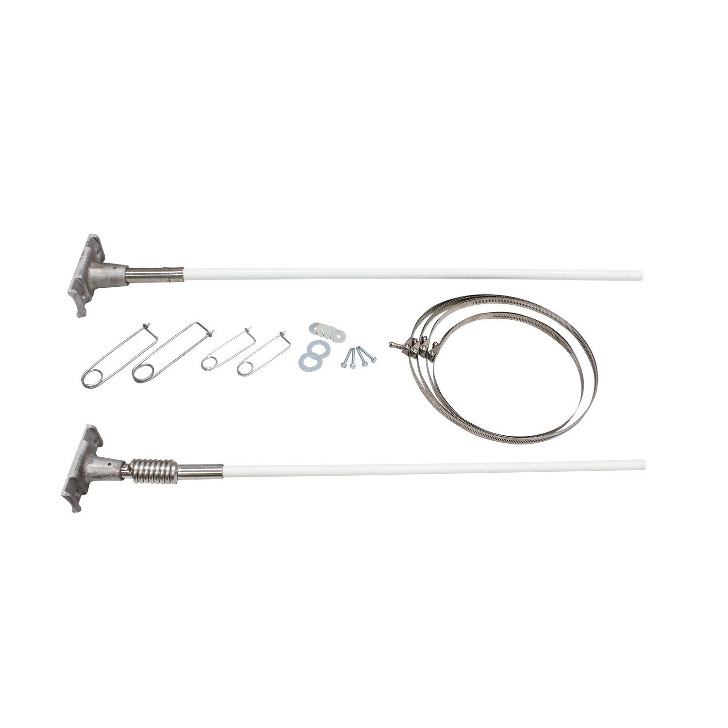 A pair of metal poles with a hose attached to them on a white background.