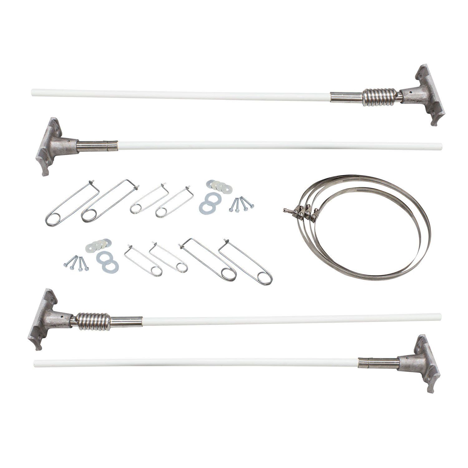 A set of metal poles with clips and screws on a white background.