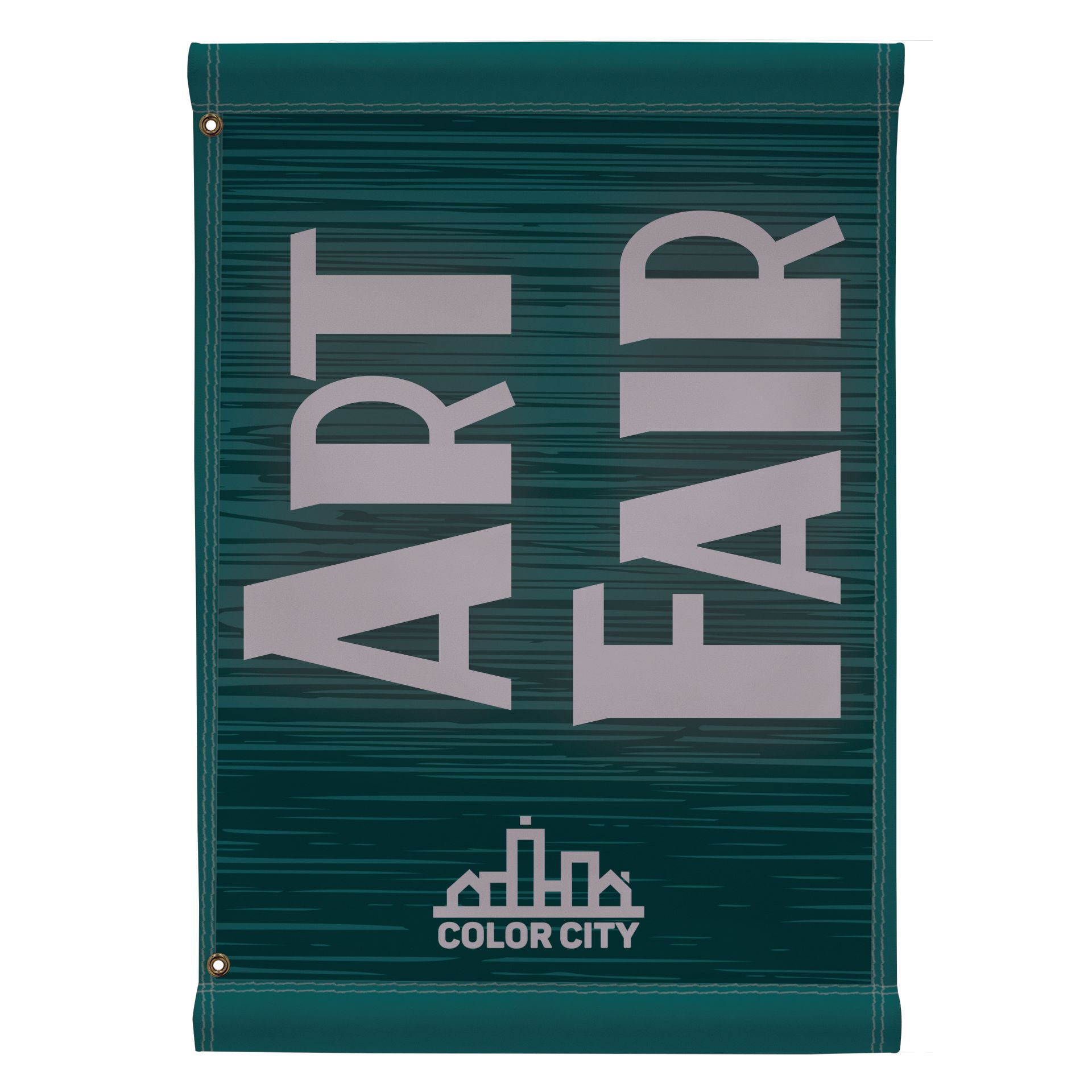 A green sign that says art fair color city on it.