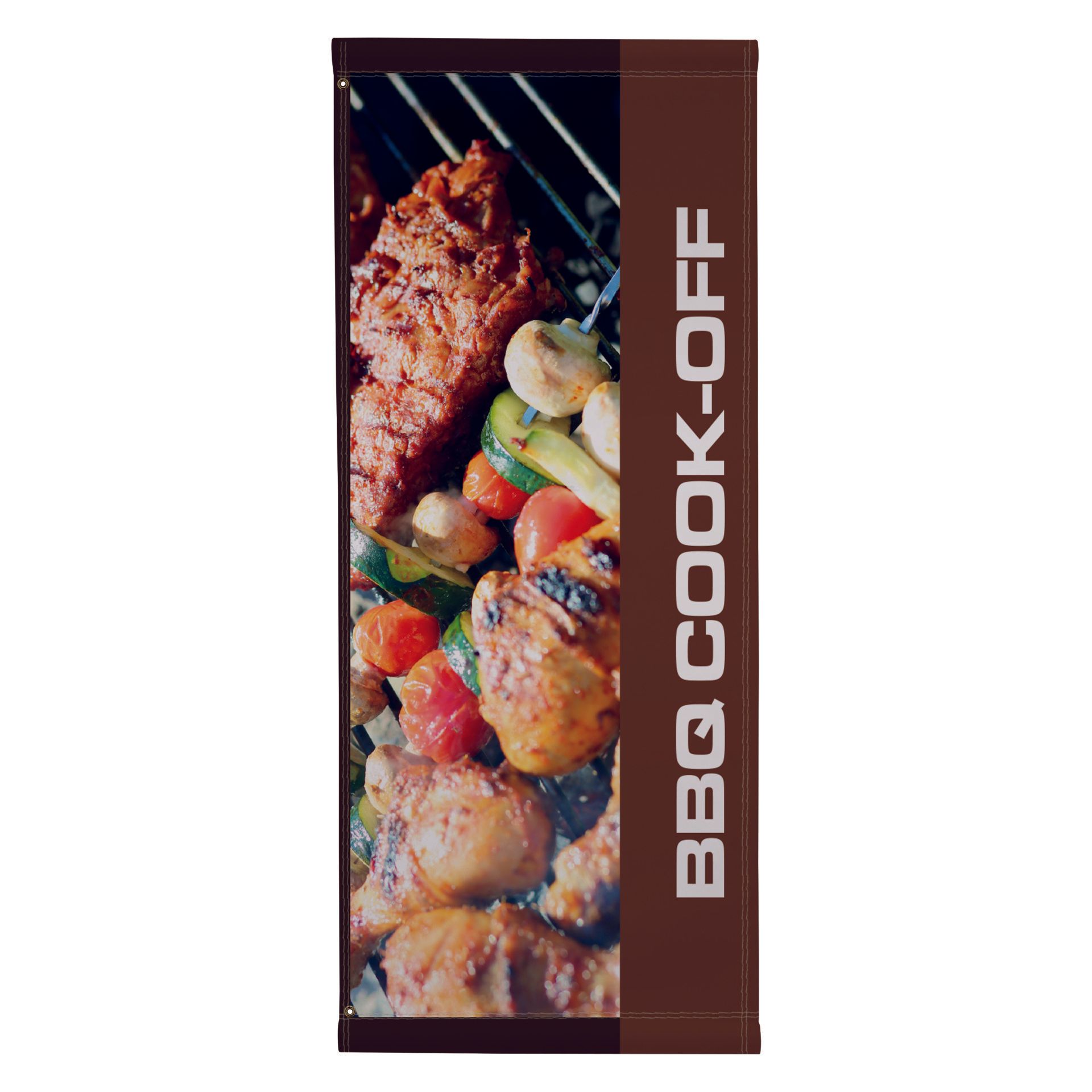 A towel with a picture of meat and vegetables on it and the words `` bbq cook-off ''.